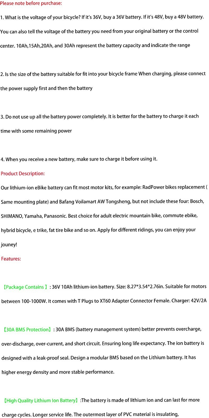 36V Lithium Ebike Battery 30A BMS For 100W-1000W Electric Bicycle Bike Scooters