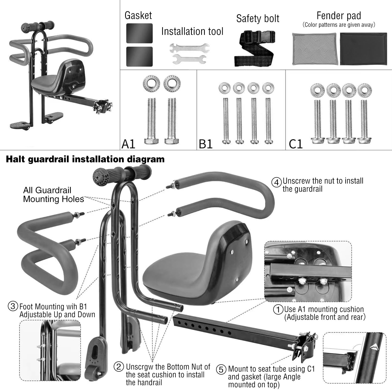 Zukka Child Bike Seat Front Mount Guardrail Retractable Baby Bike Seat Toddler