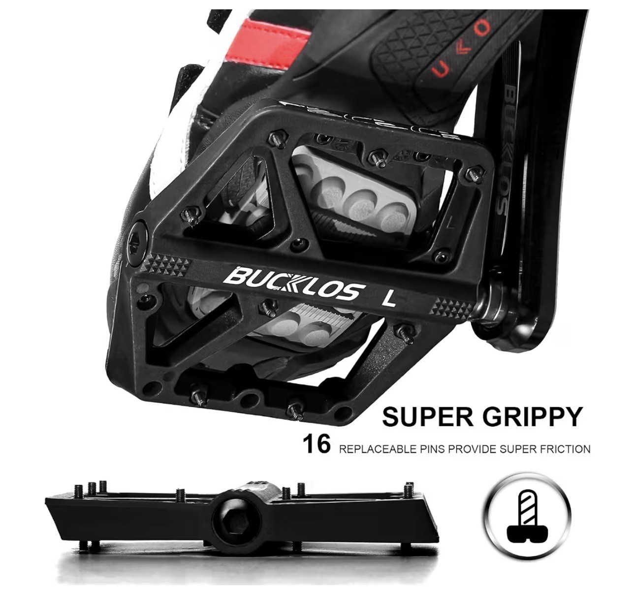 BUCKLOS Mountain Bike Pedals MTB Pedals Flat, Adult Bicycle, 9/16”, BLACK