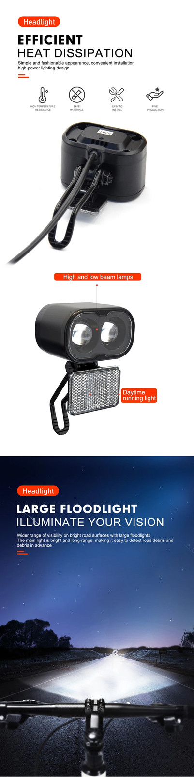 E-bike Front Light 12V/24V/36V/48V SM/Waterproof Plug for Electric Scooter Parts