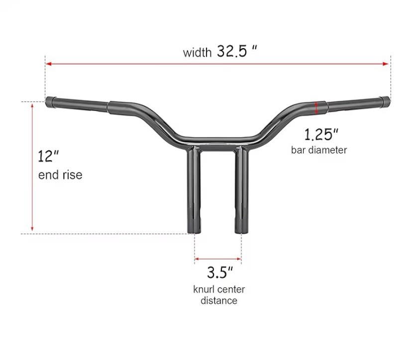 12» Rise T-Bar Handlebar Drag Bar 1-1/4» Diameter Compatible 12″ Gloss Black