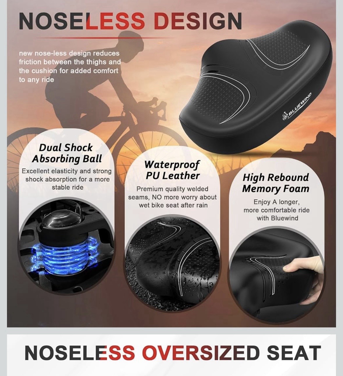 BLUEWIND Noseless Oversized Bike Seat, Memory Foam, 2X As Large, Fits Most Bikes
