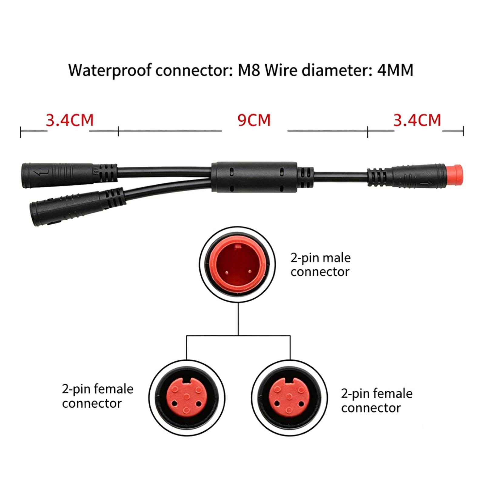 Ebike 1T2 Extension Cable Male to 2 Female Adapter Cable 2Pin M8 Waterproof Plug