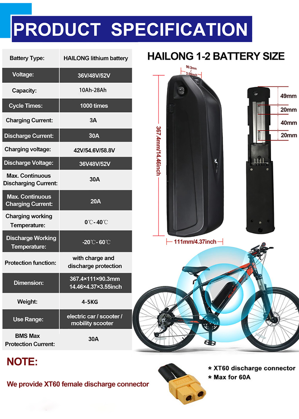 48V 20Ah Hailong E-Bike Battery 36V 48V 52V 18650 li-ion Cell for 0-1500W Motor