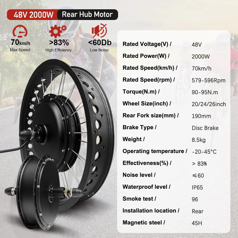 48V 2000W Snow E-bike Conversion Kit 4.0 Tyre Rear Cassette Hub Motor Wheel