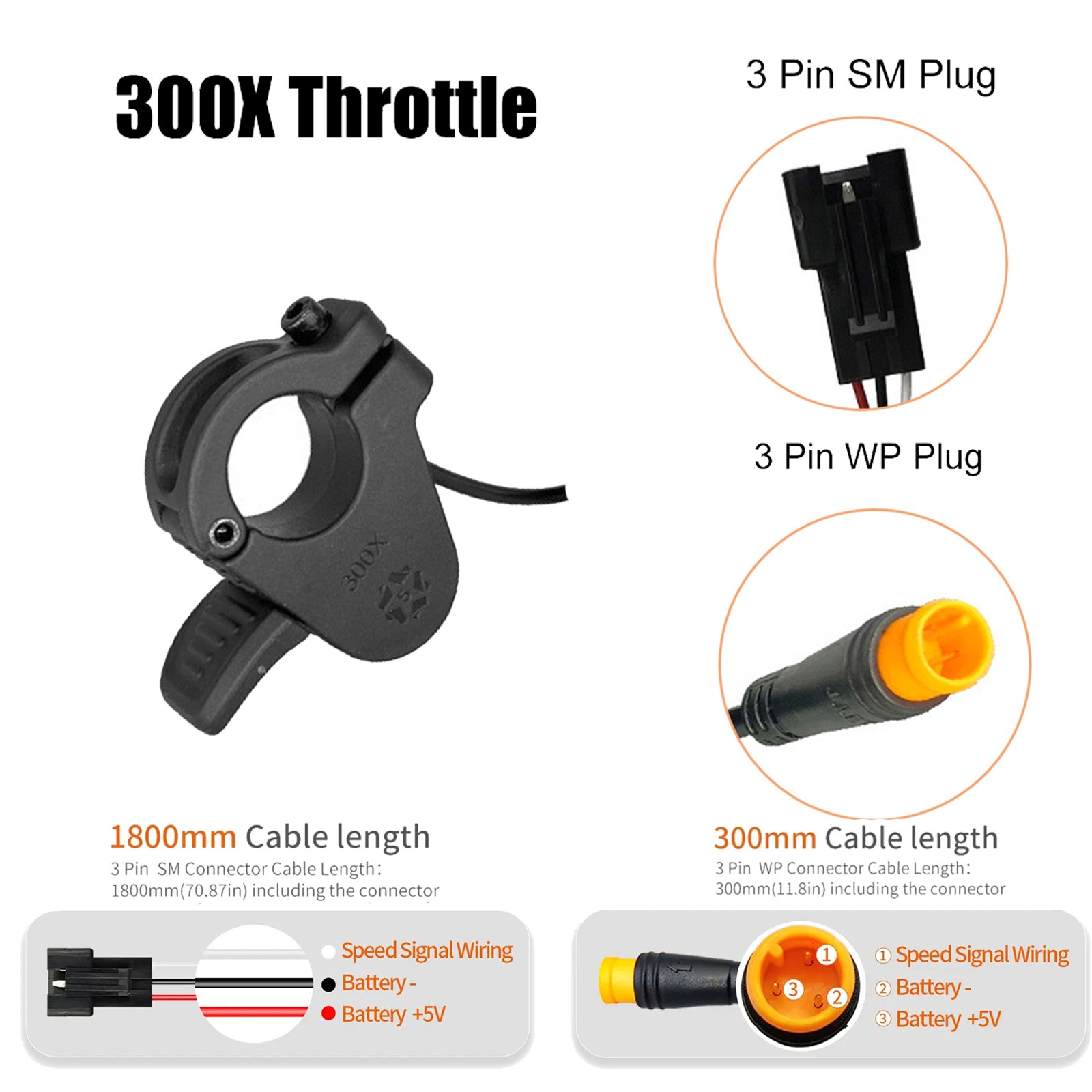 eBike Thumb Throttle 300X 3Pin 24V-72V Right/Left Hand Throttle SM/WP Plug Parts