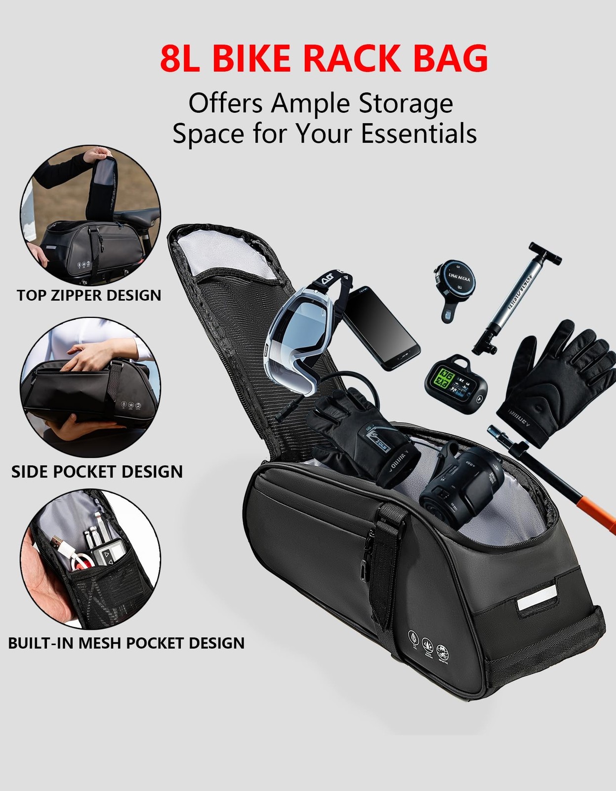 Bike Rack Bag, Reflective Waterproof Bike Bags for Bicycles Rear Rack, 8L Bik…