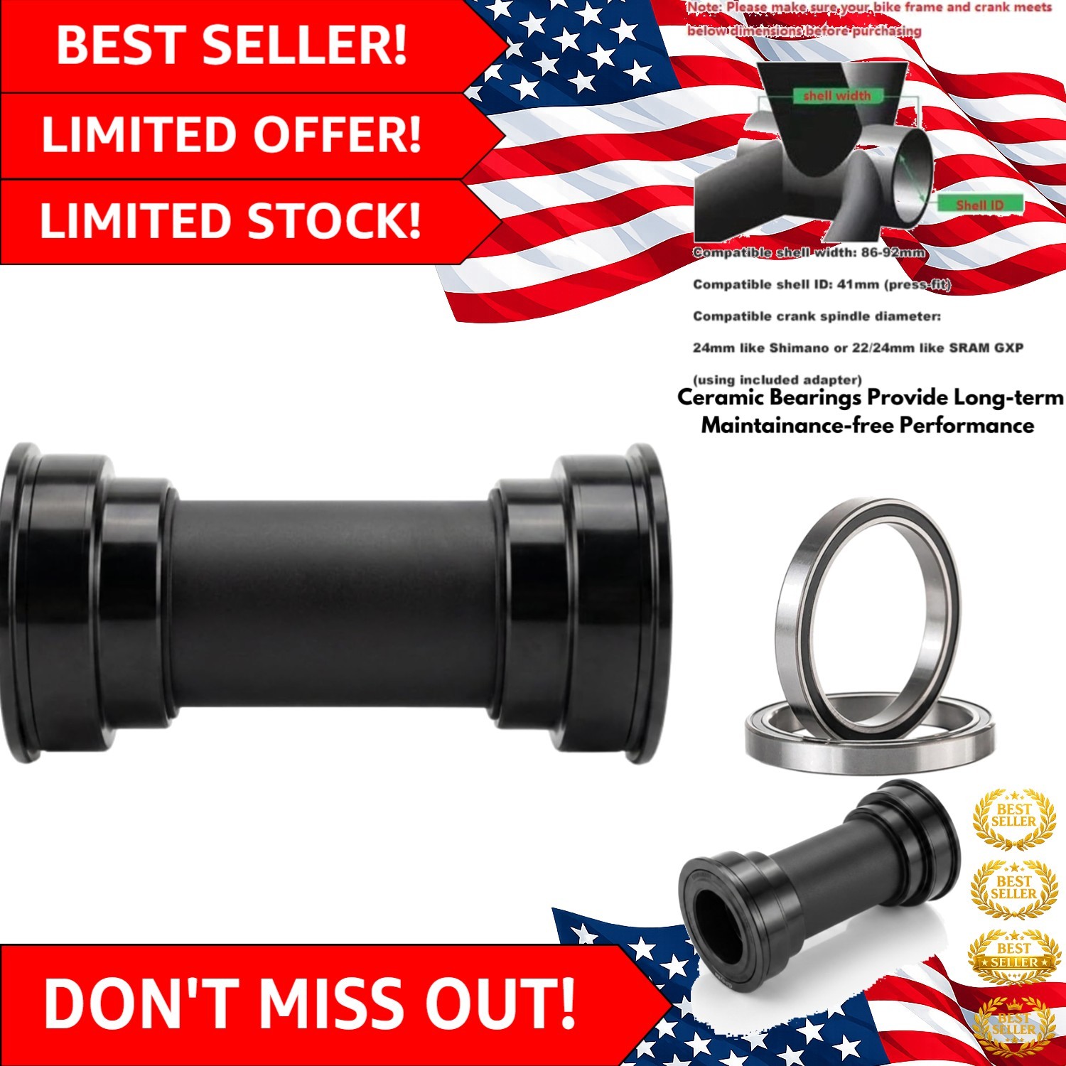 BB90 / BB92 Press Fit Ceramic Bearing BB Bottom Bracket for 24mm Shimano or 2…