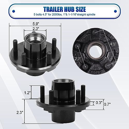 2 Sets Trailer Hub Kit, 5 on 4.5″ Bolt Pattern for 2000 lbs 5 on 4.5″ 2000 lbs