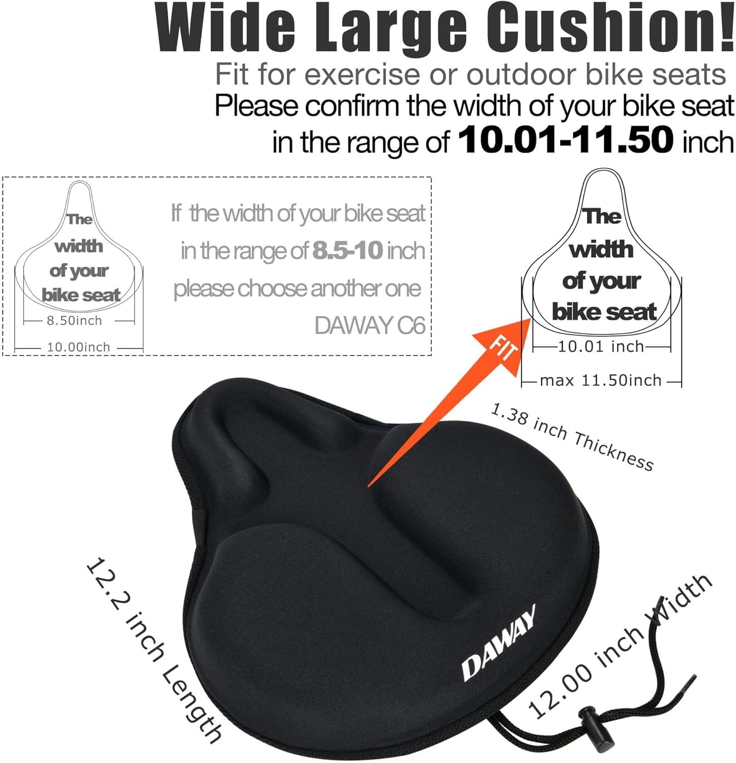 Comfort Bike Seat Cushion Soft Gel Extra Wide Big Bum Bicycle Saddle Pad Sporty