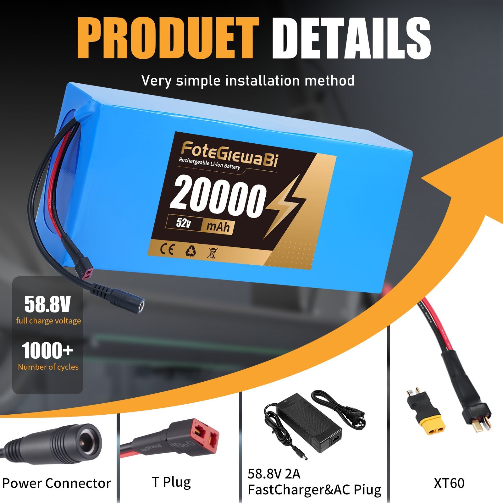 52V 20Ah Ebike Lithium Battery with BMS Ebike Electric Bicycle Scooter