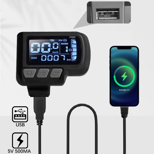 EN06 E-Bike Smart LCD Display 6-Pin Waterproof USB Cable 24V/36V/48V.