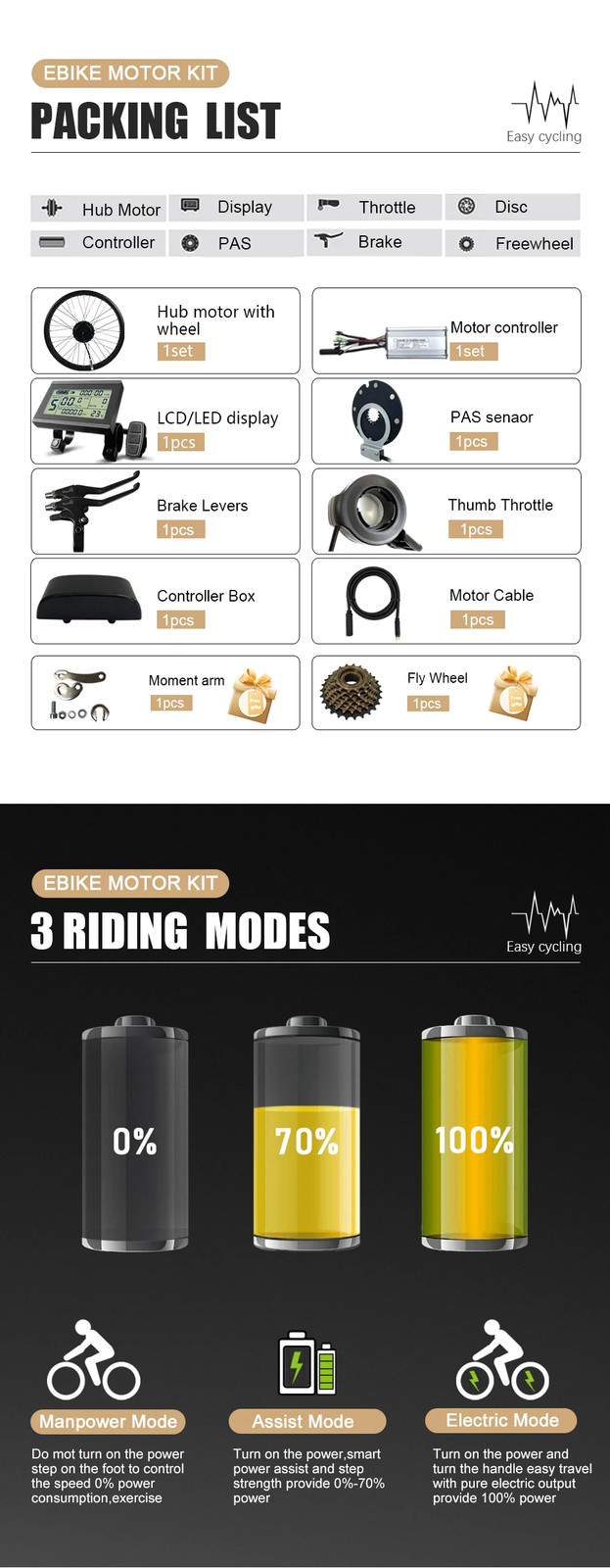 Electric Bicycle Conversion Kit 36V 48V 250W Rear Cassette for E-Bike Hub Motor
