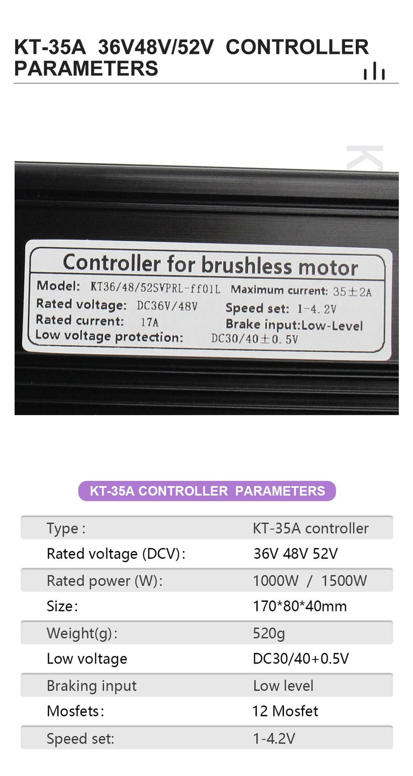 36V48V52V E-Bike Sine Wave Controller 35A for 1000W 1500W Brushless Motor