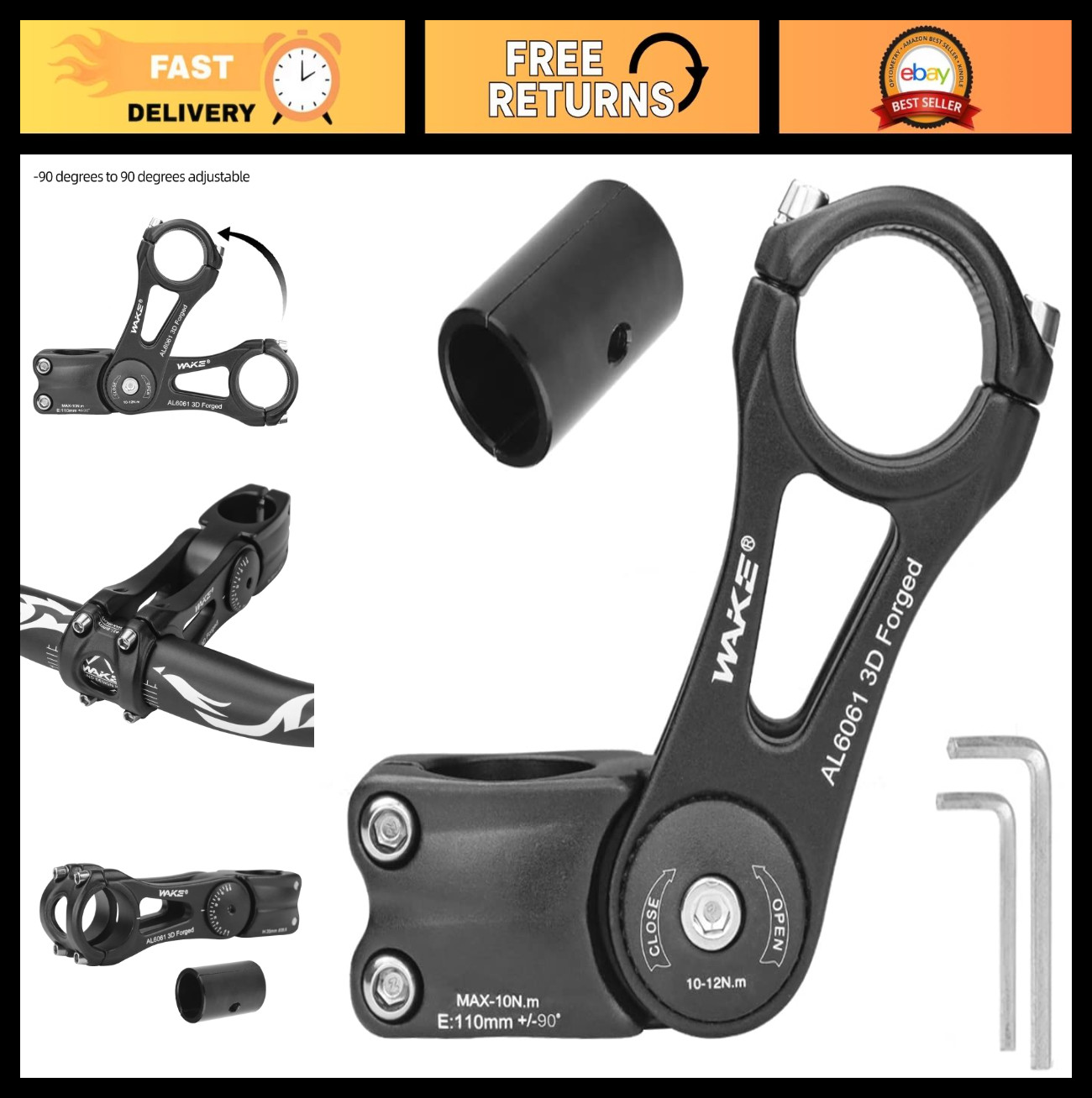 Adjustable Bike Stem 31.8mm 25.4mm ±90° Riser for MTB Road BMX City Bicycle 90-1
