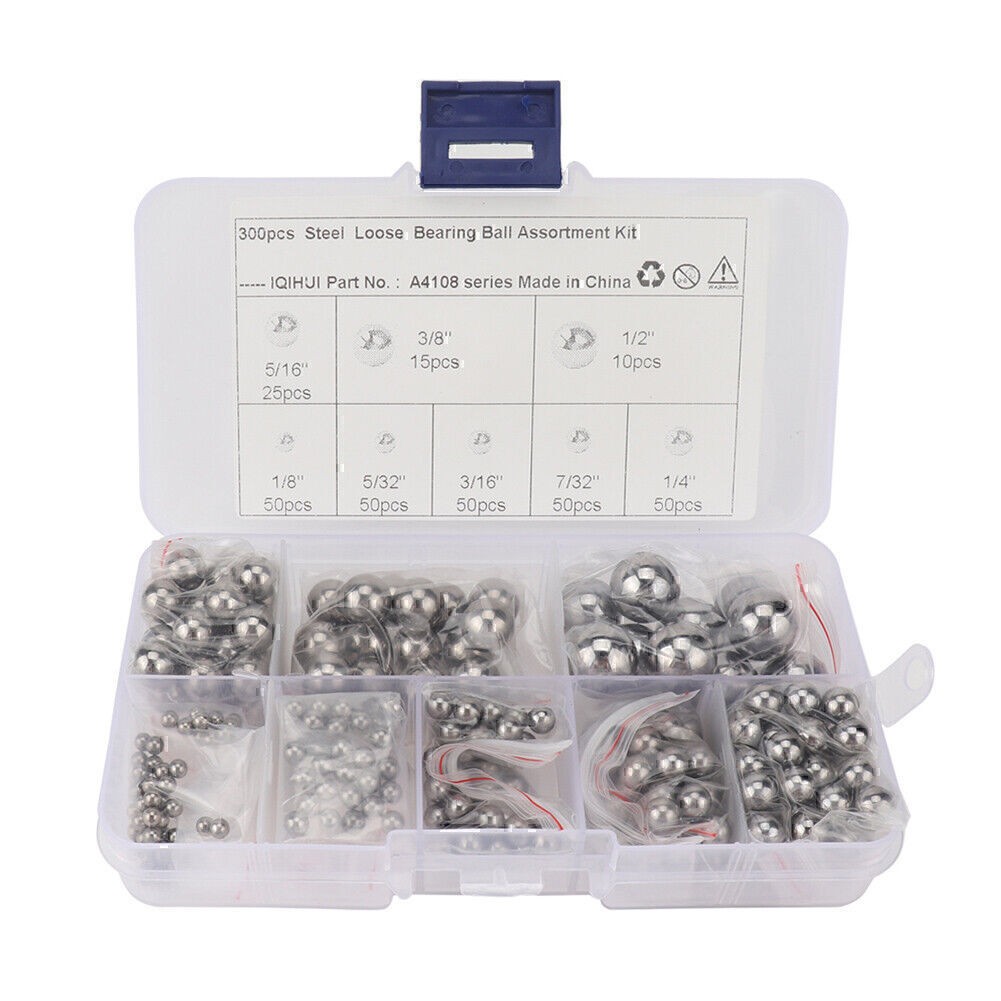 300 Piece Assorted Loose Bicycle Bearing Balls 1/8″,3/8″,5/16″,5/32″& 1/4″ etc.