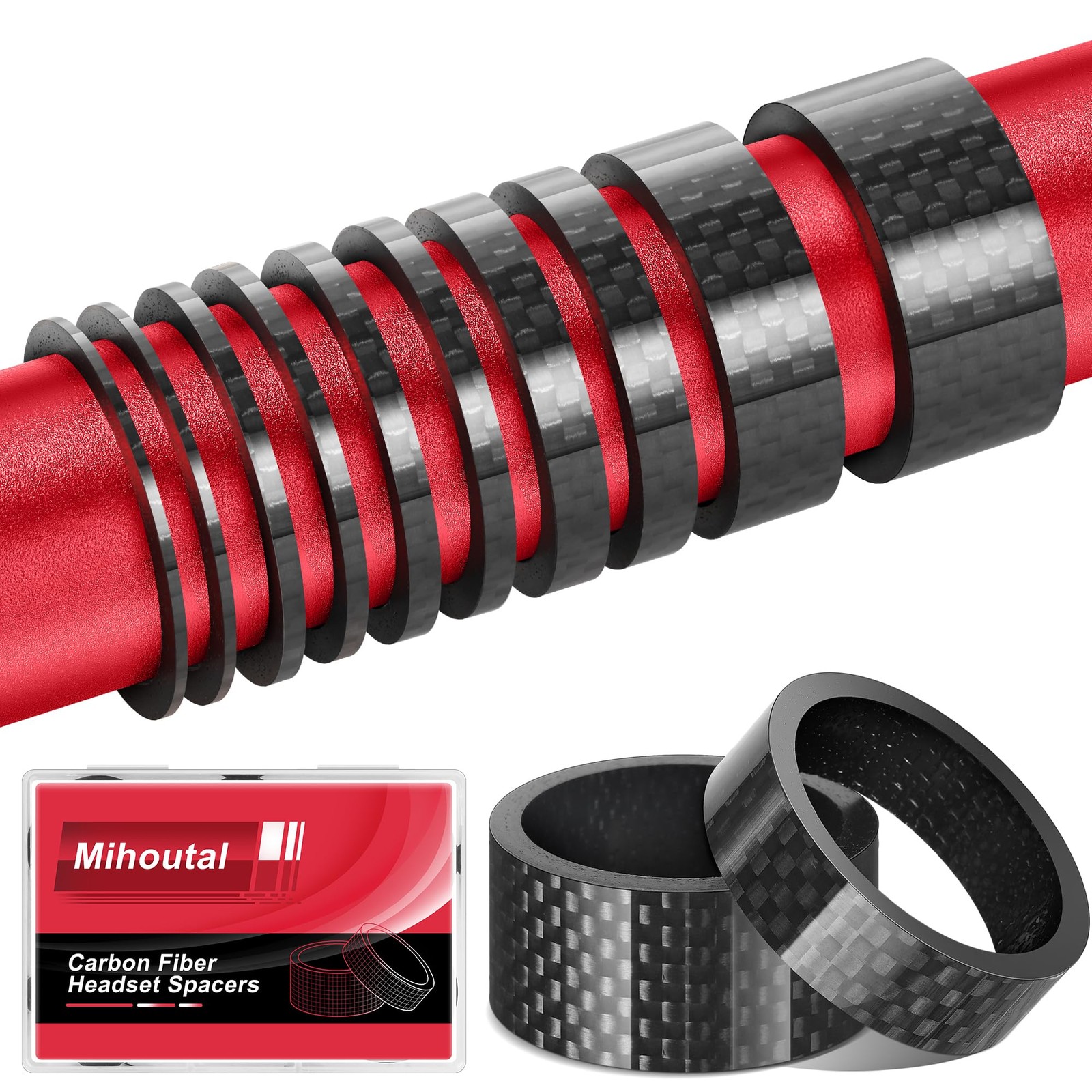Carbon Fiber Bike Headset Spacers, 1 1/8 Inch, 12 Pack, 6 Sizes, Lightweight