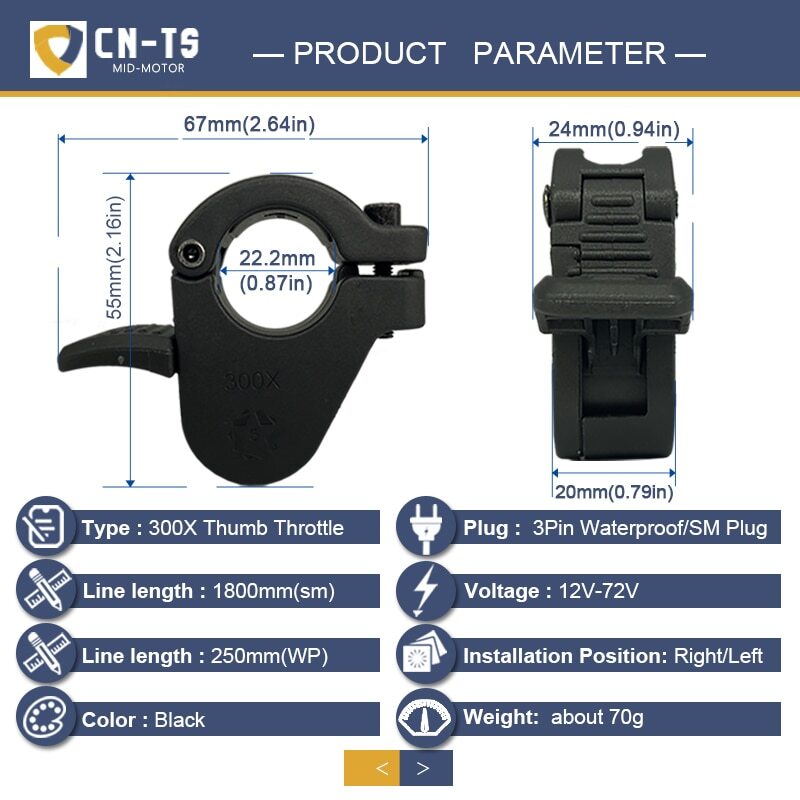 E-bike Thumb Throttle 3Pin Waterproof SM Connector Electric Scooter Accelerator