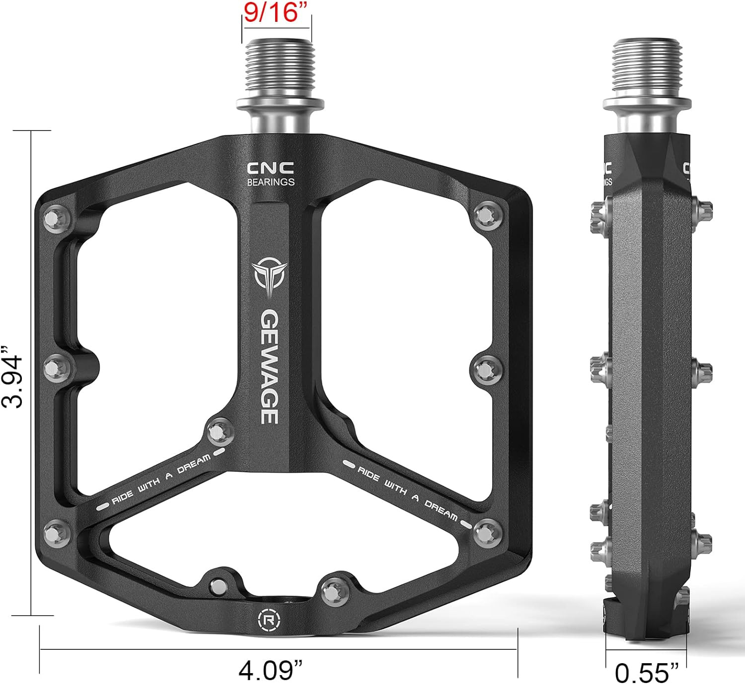 CNC Machined 9/16” Flat Bike Pedals with 3 Bearings and Anti-Skid Nails