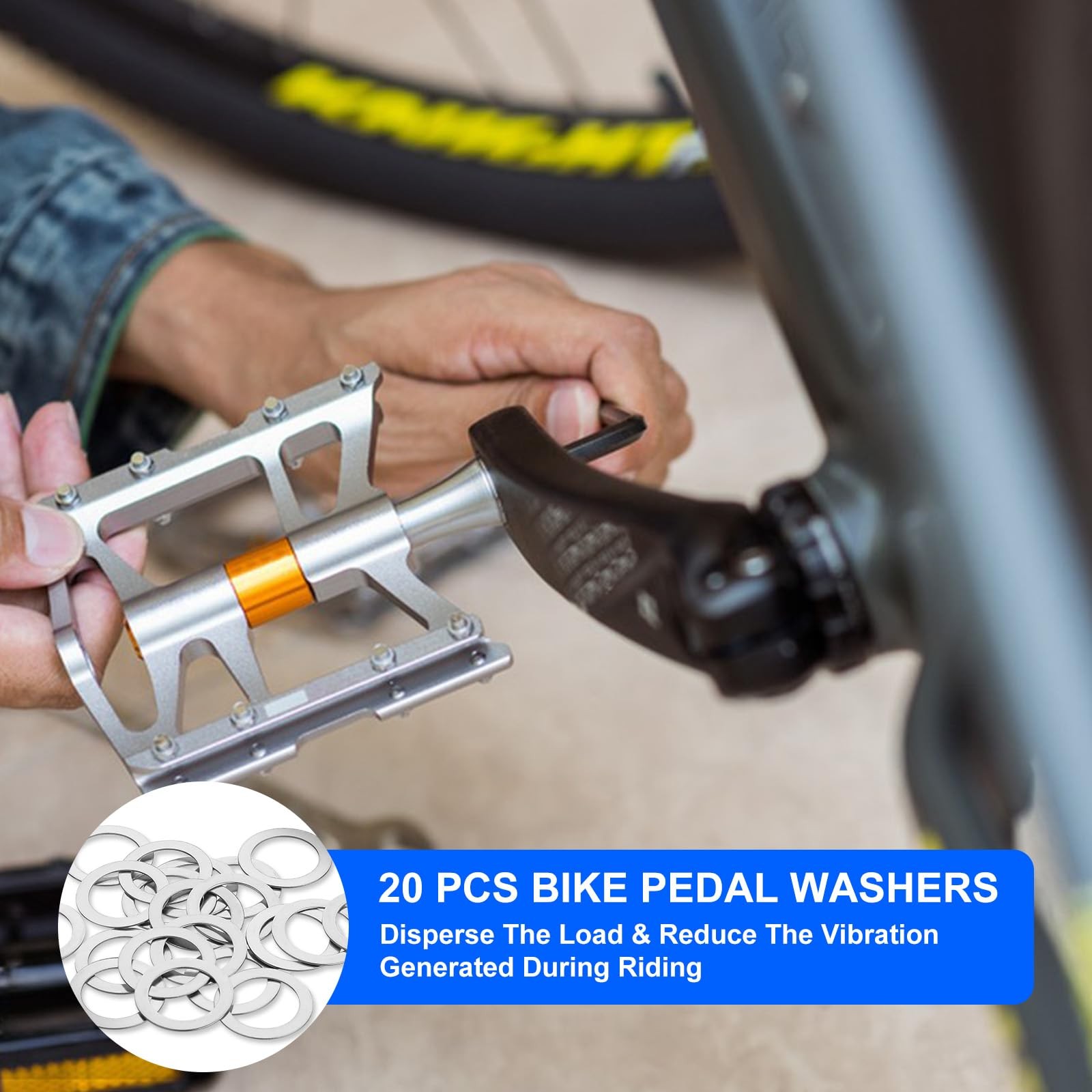 JJUNW 20PCS Pedal Washers Spacers, 9/16” Road Bike 0.59inch×0.79inch, Silver
