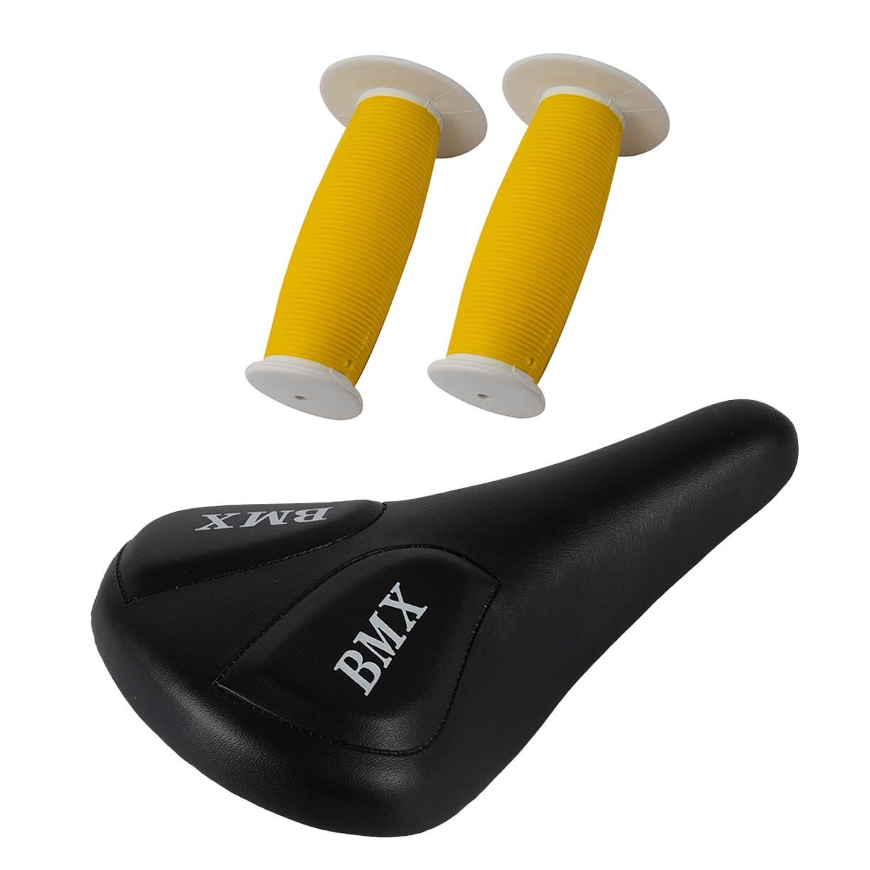 PRO+ Black BMX Vinyl Saddle & Yellow/White Mushroom Grips BMX BIKE
