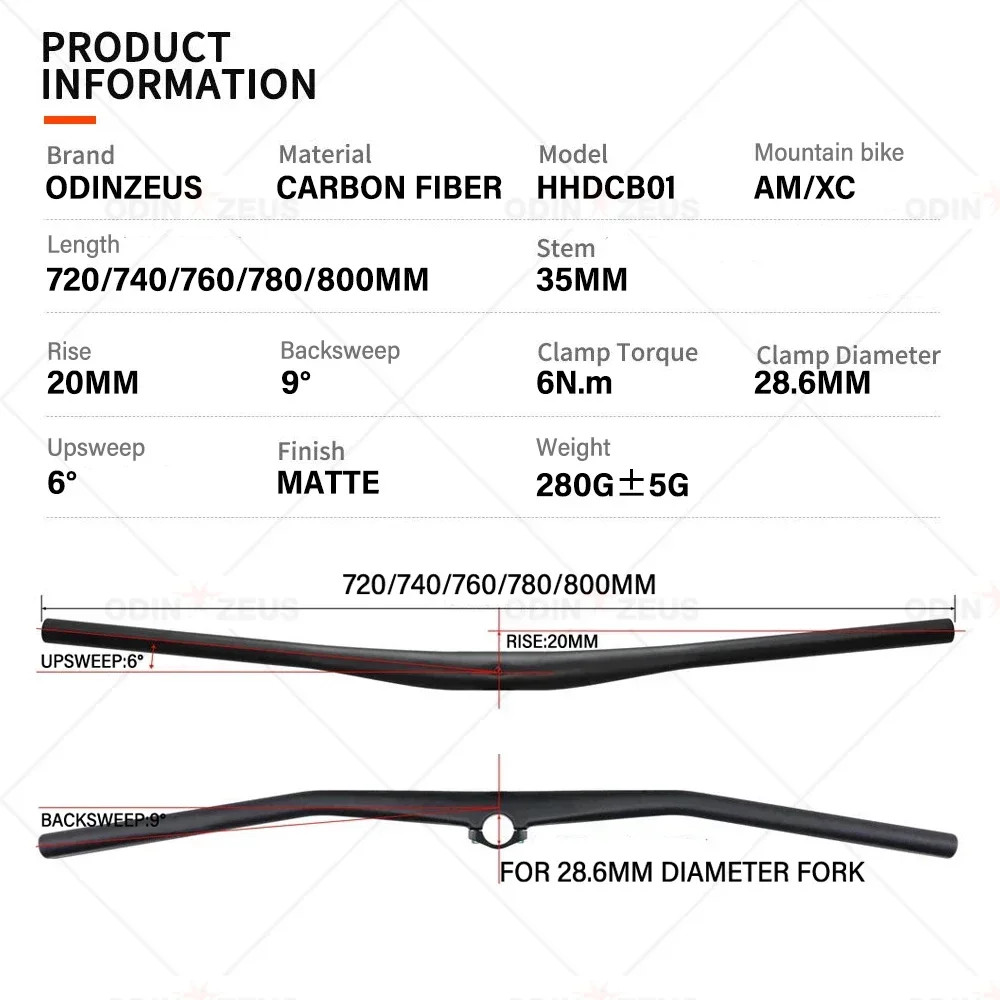 Carbon Fiber Integrated MTB Flat Riser Bar 720-800mm Width 28.6mm Steerer