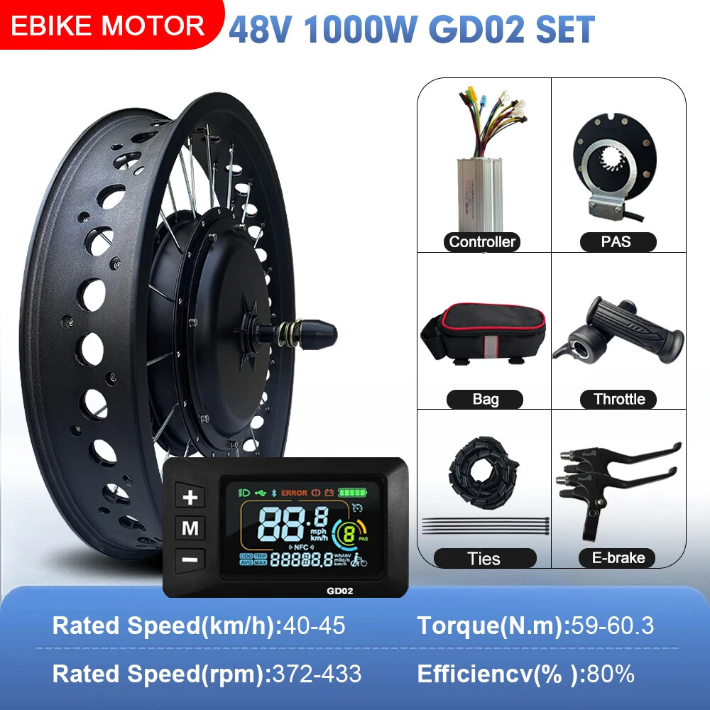 48V 1000W Snow Electric Bike Fat Brushless Front Hub Motor Wheel 20/24/26Inch