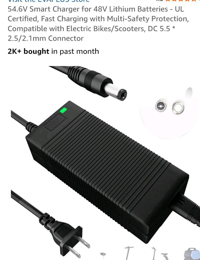 EVAPLUS UL Certified 54.6V 1.5A Fast Electric All black 5.5mm 1-Prong DC Plug