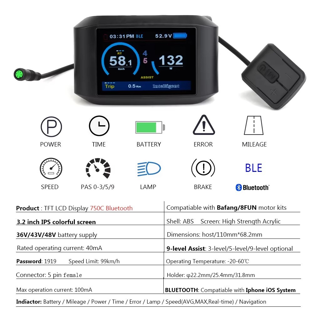 Bafang colorfu LCD Panel Display for Mid-drive Motor Kits Electric Bicycle Ebike