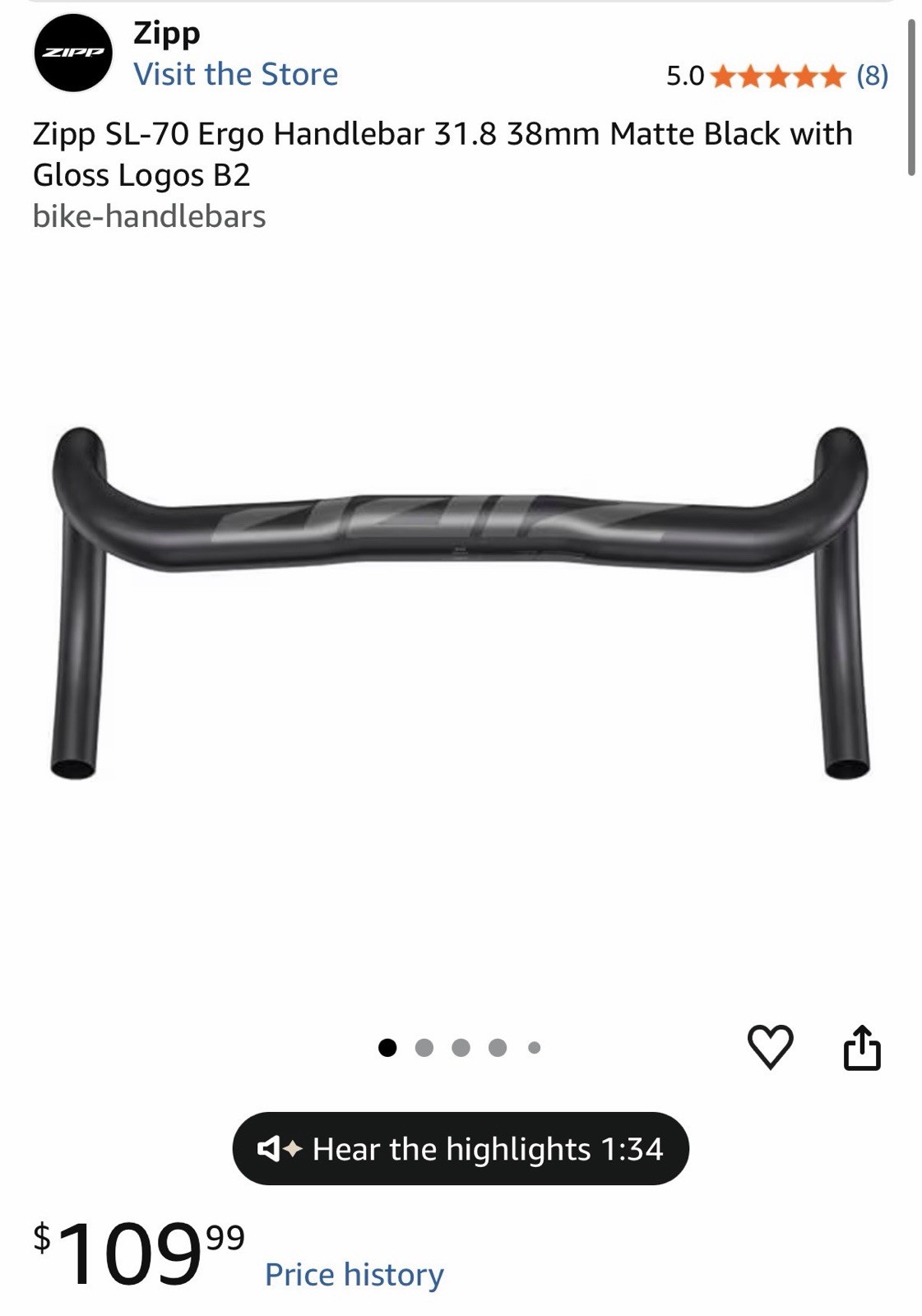 Zipp SL-70 Ergo Handlebar 31.8 38mm Matte Black with Gloss Logos B2