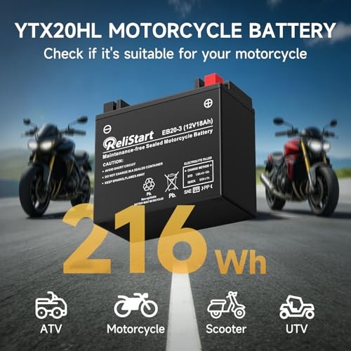 Motorcycle Battery YTX20HL, EB20-3, 12V 18Ah, 250 CCA, Powersport 12V-18AH