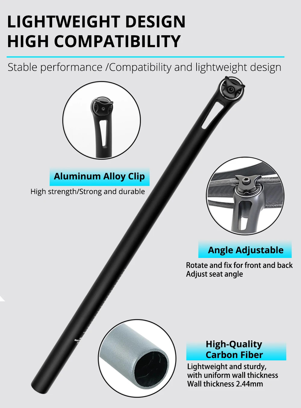 Full Carbon Performance Foldable Bike Seatpost 5°/25° Offset 31.8/33.9/34.9mm