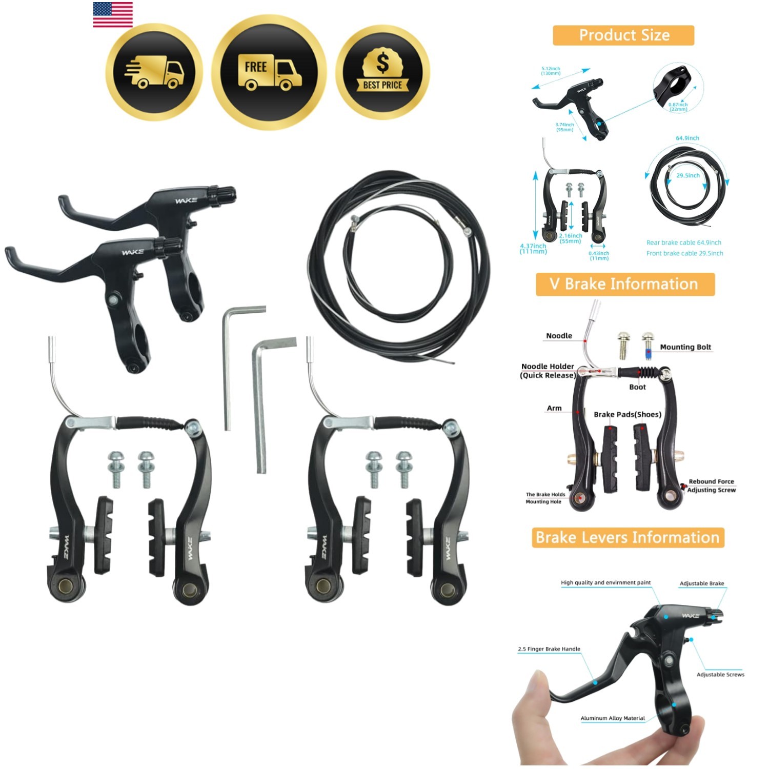 Complete Universal Bike Brakes Set, Front and Rear MTB Brake, Inner and Outer…