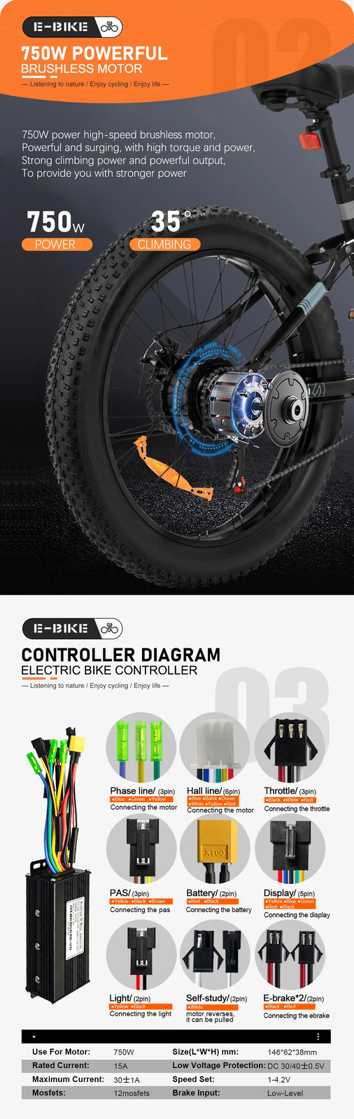 48V 750W E-bike Conversion Kit Rear Brushless Hub Motor Wheel Dropout 142mm