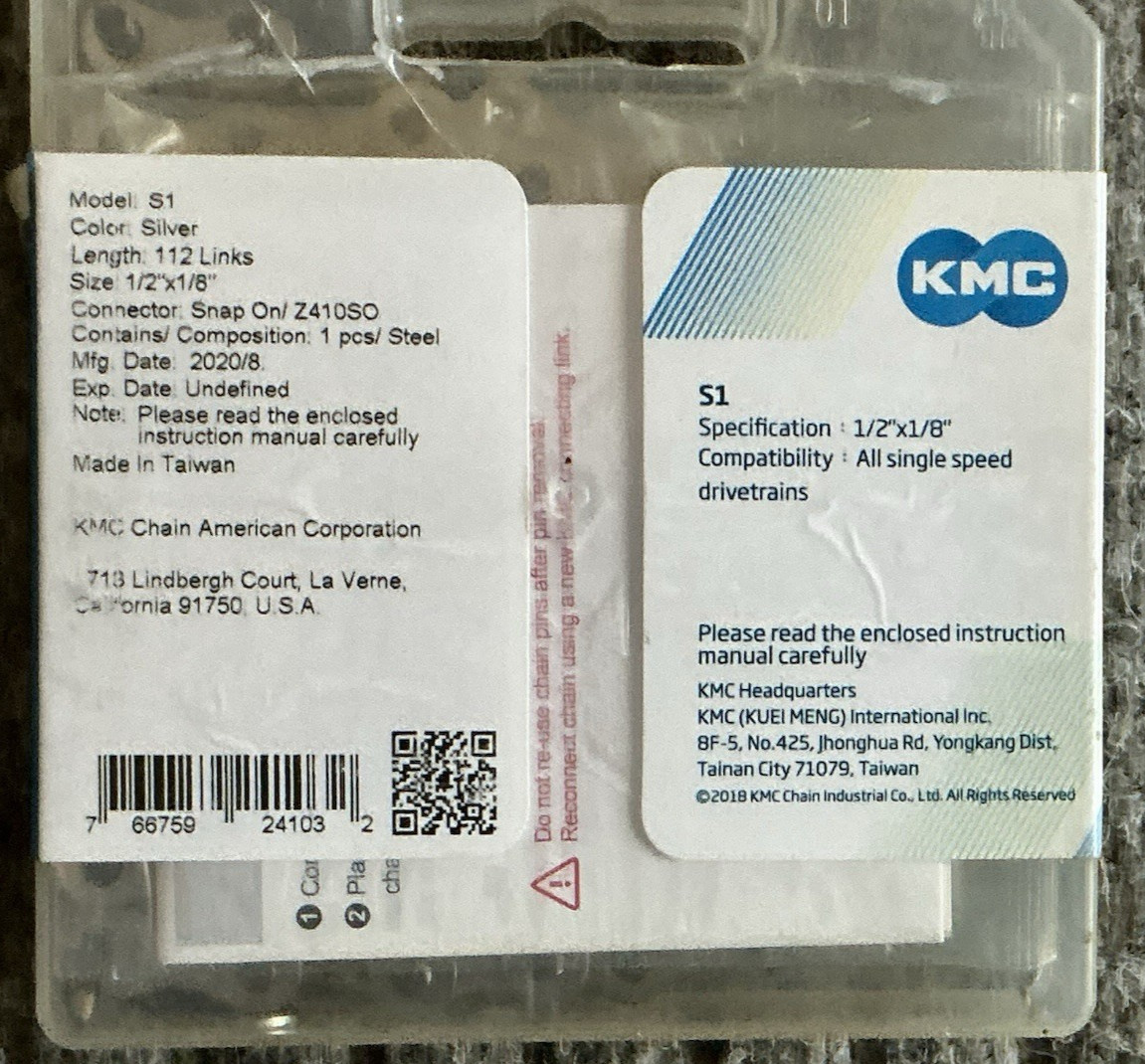 KMC S1 Bike Chain 1/2″x1/8″ 112 Links Silver – Lot Of 2