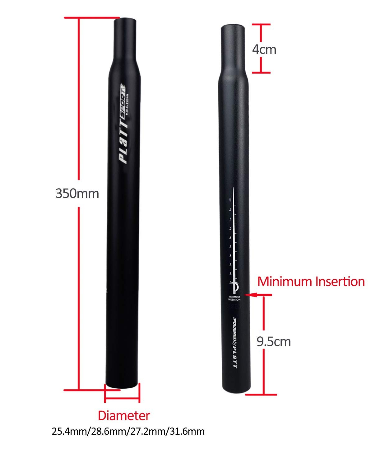 Platt Bike Seatpost 25.4/27.2/28.2/30.8/31.6 350mm Aluminum 27.2mm, black