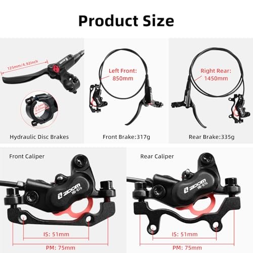 Z00M HB876 4-Pistons Hydraulic Disc Brake Set, MTB Hydraulic Rear Brake-Black