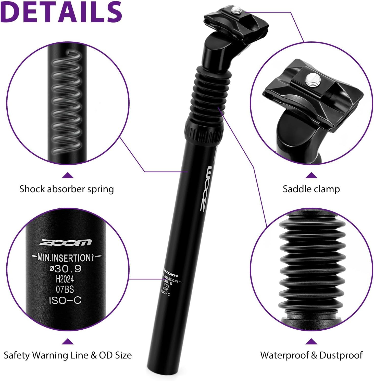 Zoom Bike Suspension Seatpost: 27.2/30.9/31.6 X 350 Mm Shock Absorber Damper Bic