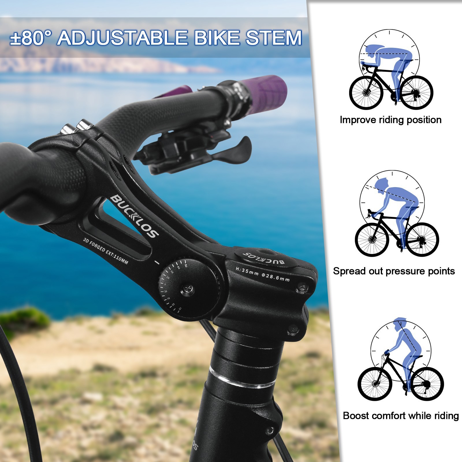BUCKLOS MTB Bike Stem Adjustable 60°/80° 25.4/31.8mm Handlebar 1-1/8″ MTB Stem