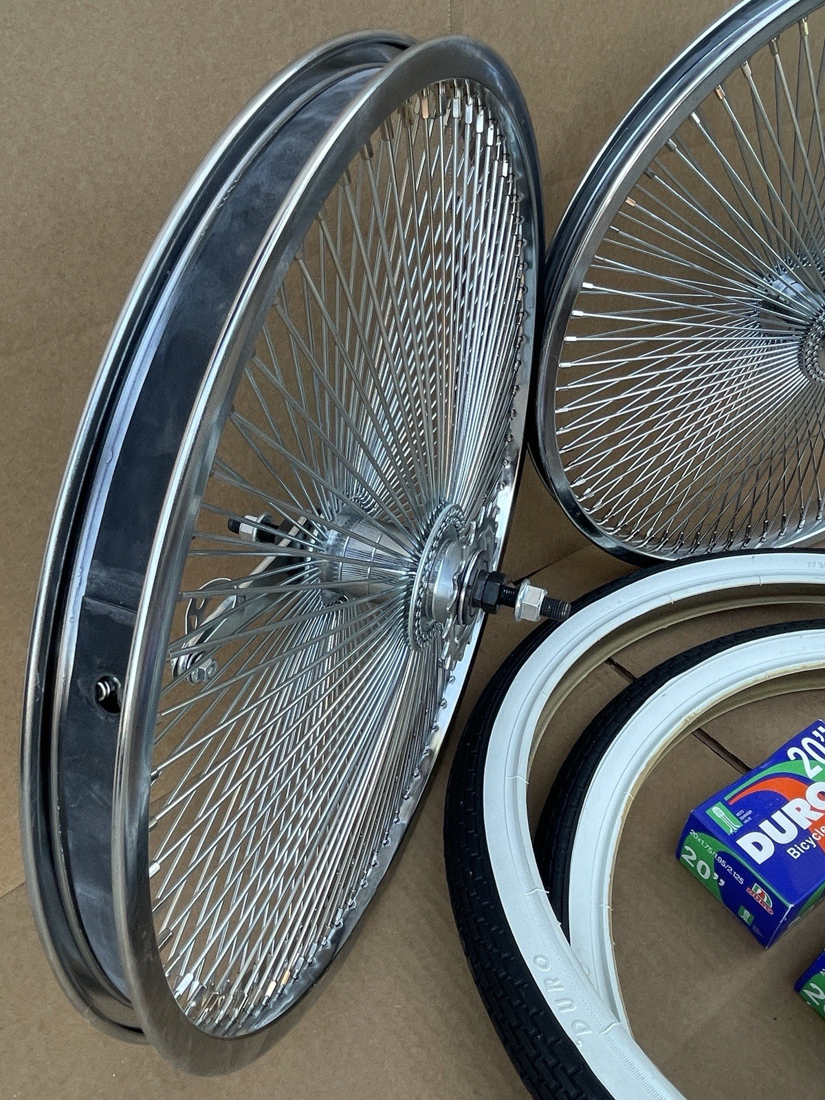 PAIR 20″ Vintage Lowrider Bicycle Chrome Wheels Front Back 144 Spoke Tires Tubes