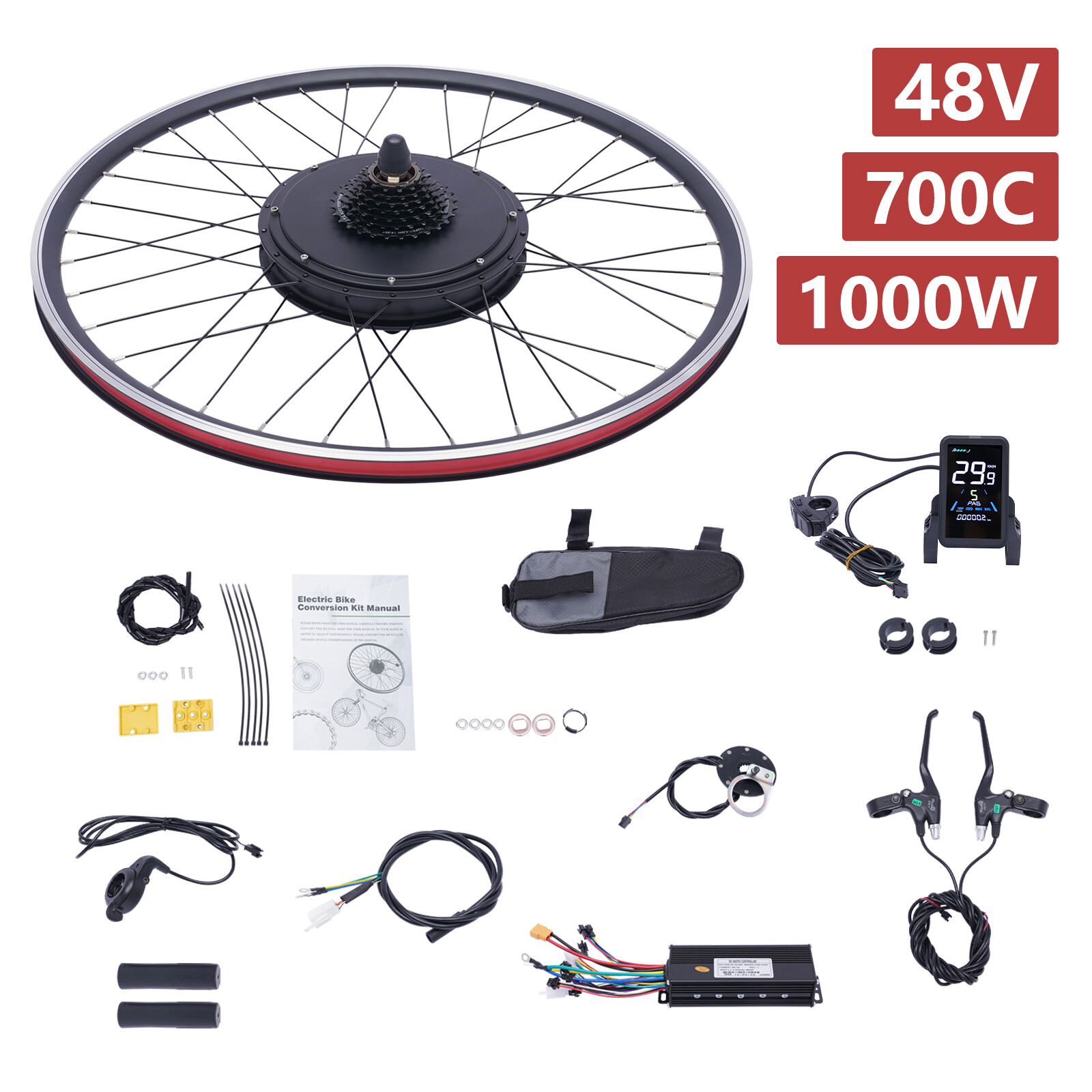 700C 48V 1000W Electric Bicycle Conversion Kit E-Bike Hub Motor Rear Wheel w/LCD