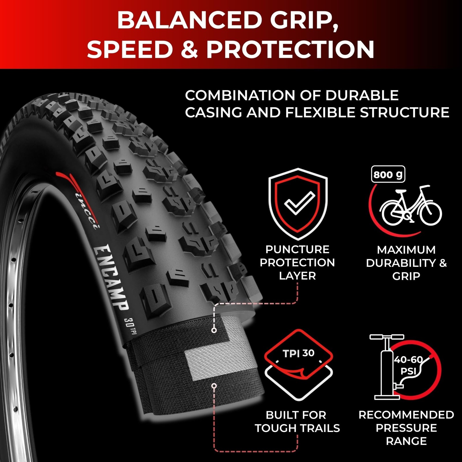 Fincci Encamp Bike Tire 26 x 2.25, Mountain Bike Tire Foldable 57-559 for Roa…