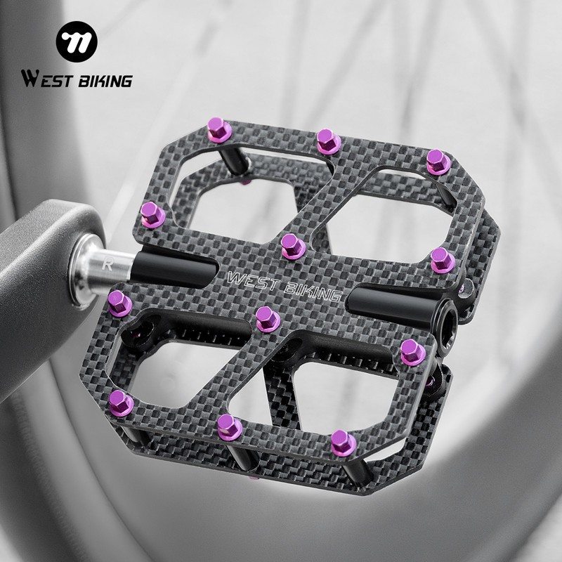 WEST BIKING Carbon Fiber Road Bike Pedals 3 Bearings Titanium Axis Pedals Purple