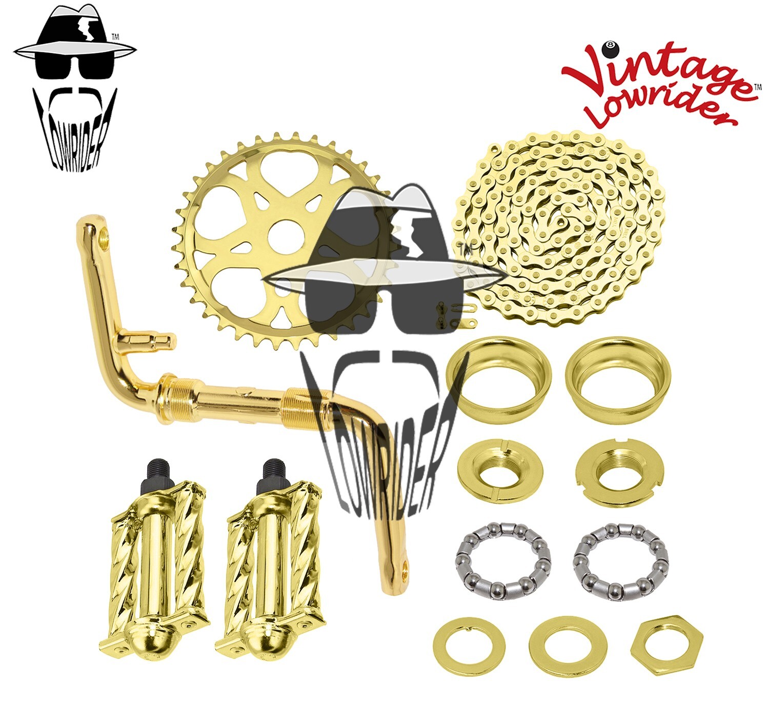 VINTAGE LOWRIDER – Regular CRANK PKG – Heart Mini Square Twisted Pedal Gold