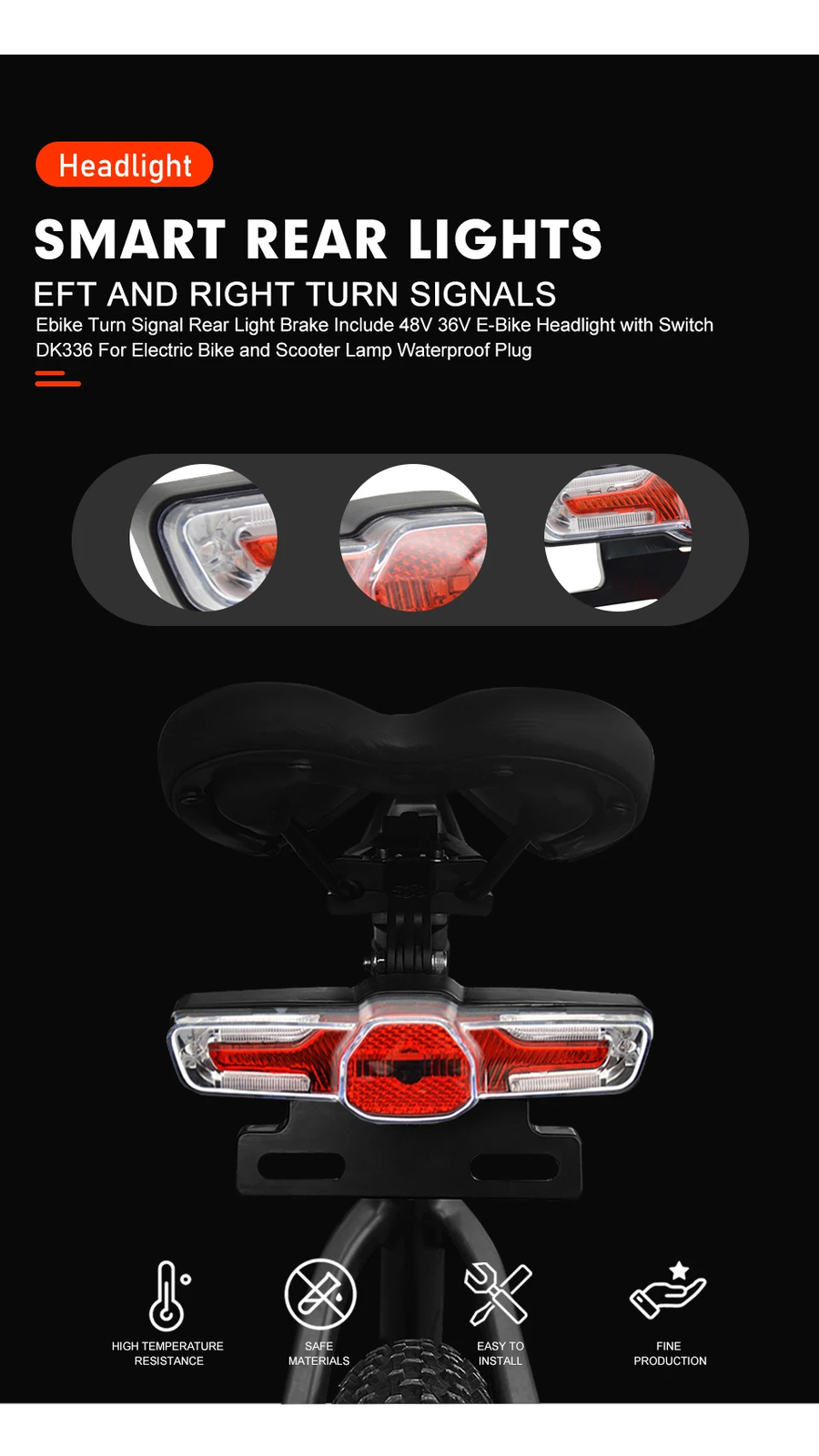 Electric Bike Waterproof Headlight and Rear Light Set 36V/48V DK336 Switch Cable