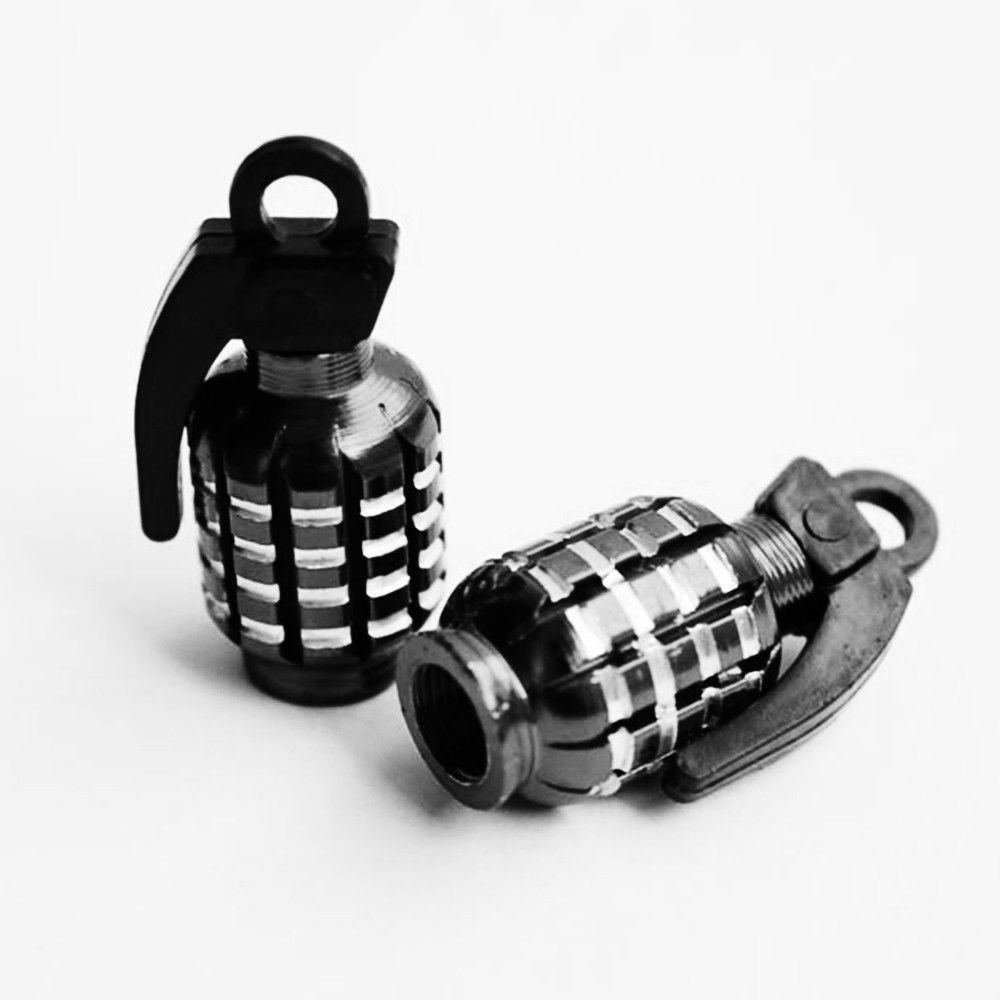 2 PCS Quality Black Grenade-Shaped Anodized Metal Replacement Valve Stem Caps
