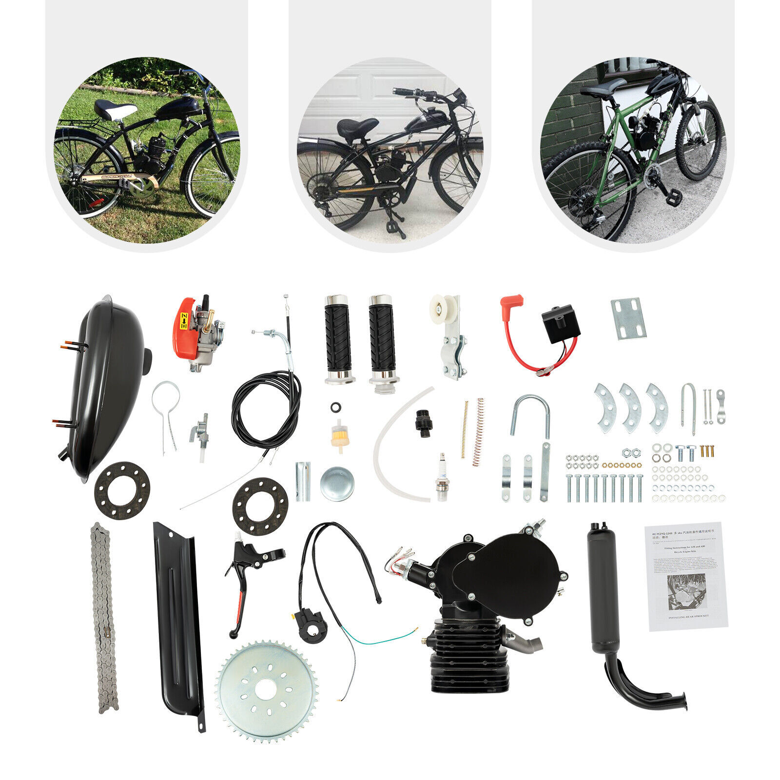 110cc Bicycle Gasoline Engine Motor Kit 2-Stroke Motorized Bike Kit Black US~