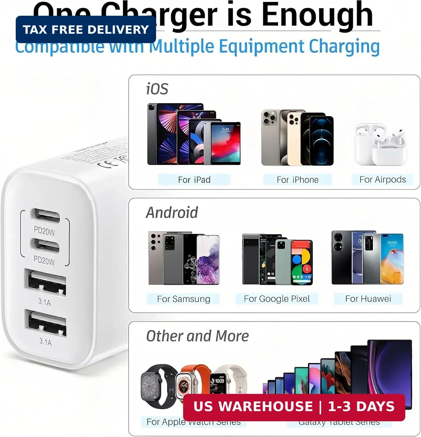 TT&C USB C Charger Block, 40W 4 Ports Wall Charger for iPhone 17,16,15,14 | Mult