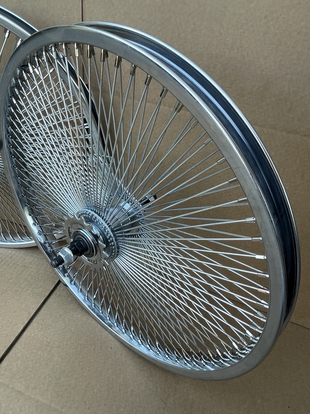 PAIR 20″ Vintage Lowrider Bicycle Chrome Wheels Front Back 144 Spoke Tires Tubes