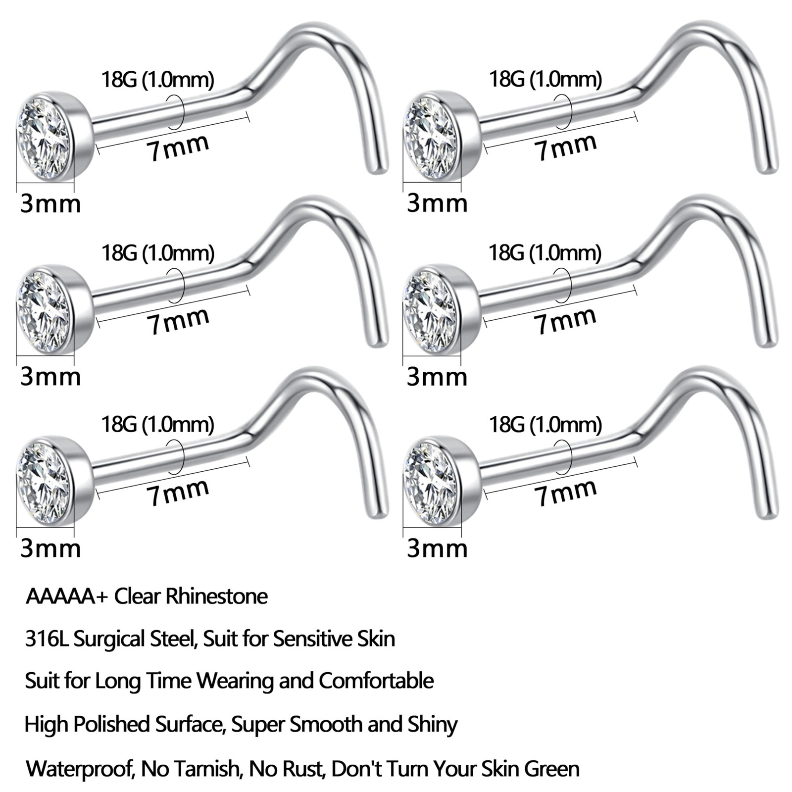 12Pcs Corkscrew Nose Studs L Shaped 18 20 Gauge Nose Piercings Nose Rings Stu…